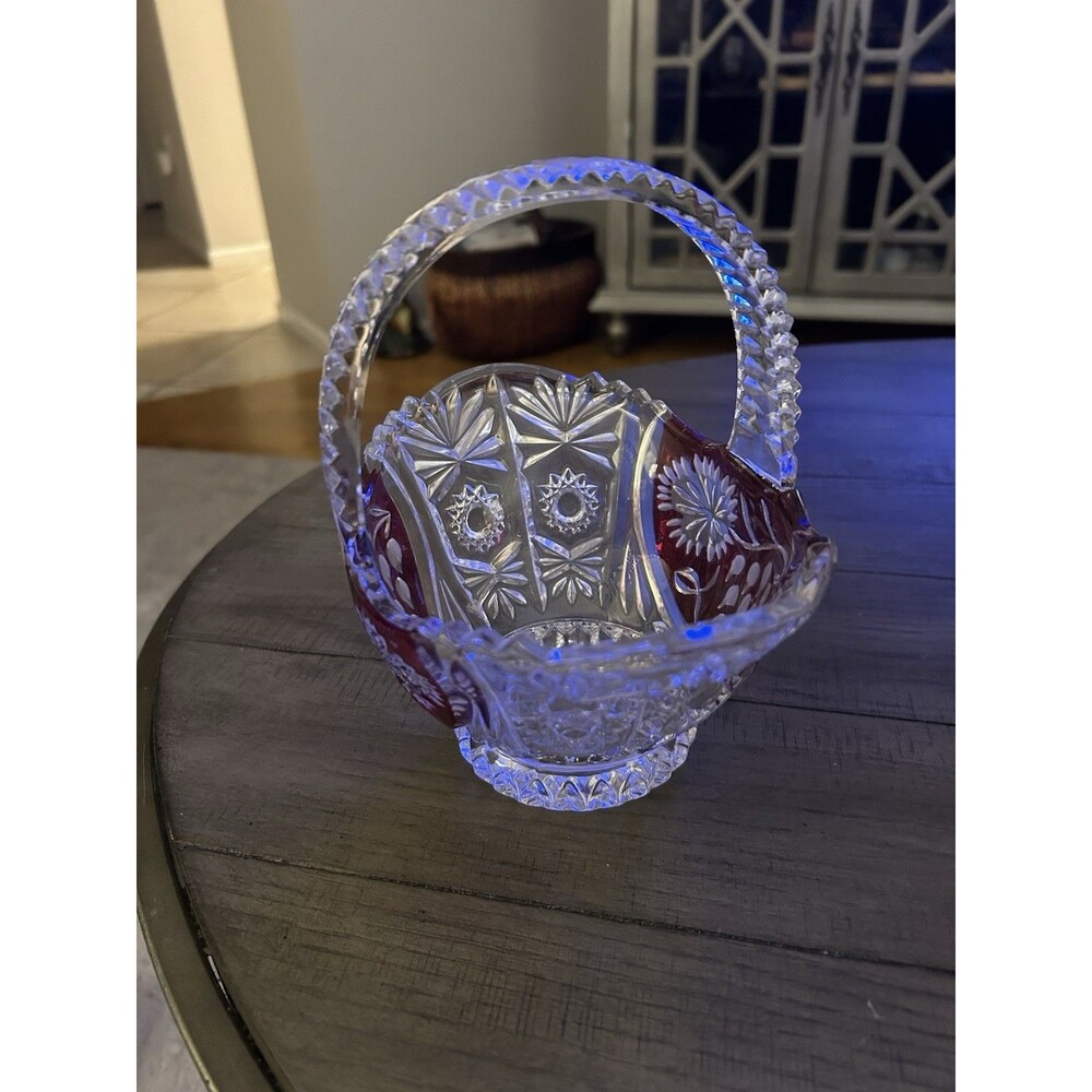 Ruby Red Overlay 24% Lead Crystal Handled Basket By Hofbauer. - Picture 3 of 3